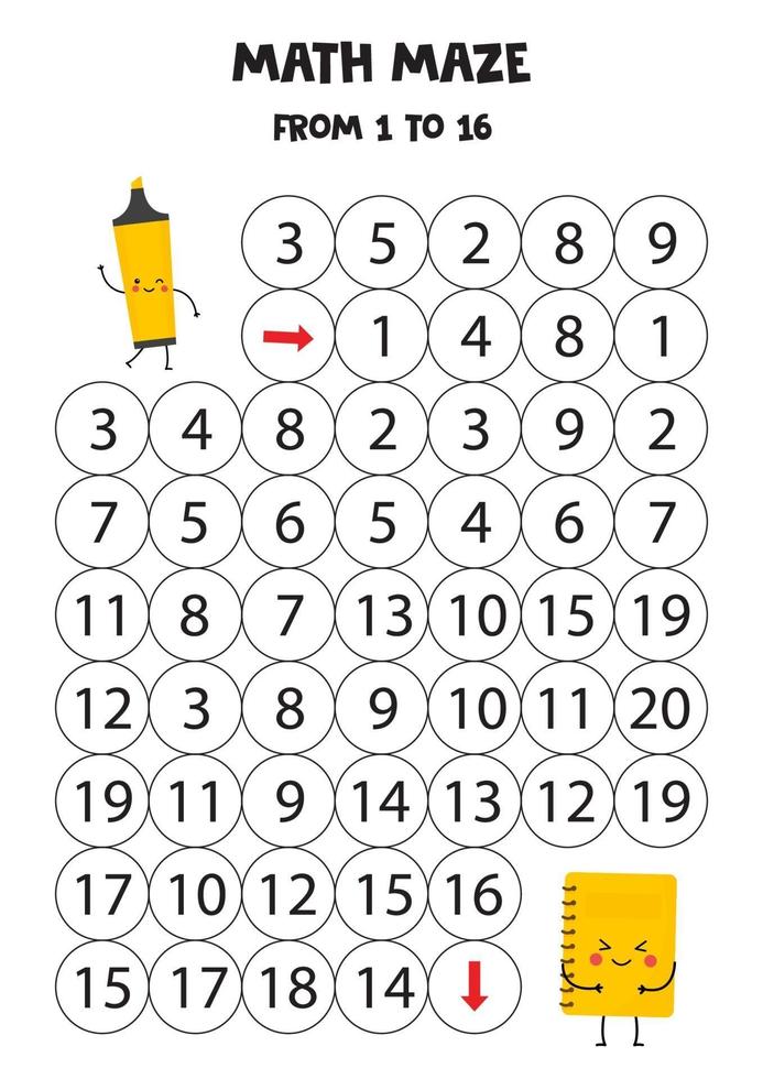 labirinto de matemática para crianças. marcador e caderno kawaii fofos. vetor