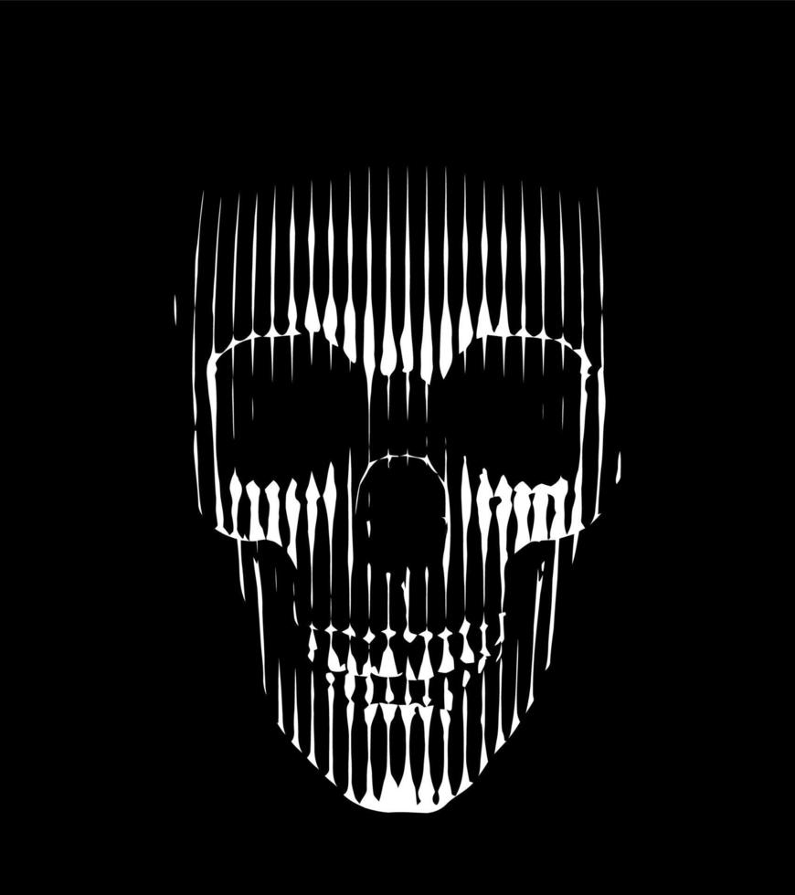 linha crânio vetor ilustração. assustador iluminação a partir de abaixo. frontal Visão do humano crânio fez de branco vertical linhas em Preto fundo.