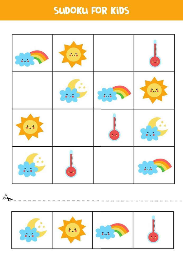 jogo de sudoku para crianças com eventos meteorológicos bonitos. vetor