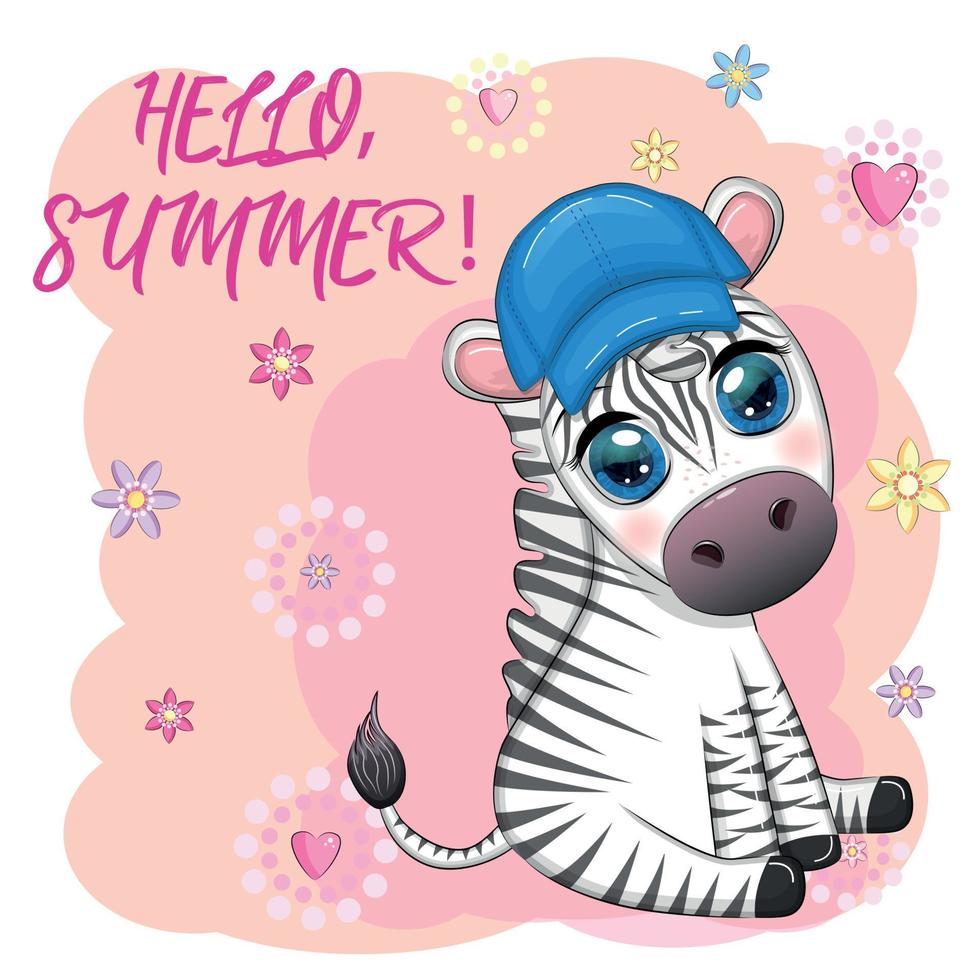 zebra fofa com um chapéu de praia, personagem infantil. animal em roupas de verão. férias de verão, férias vetor