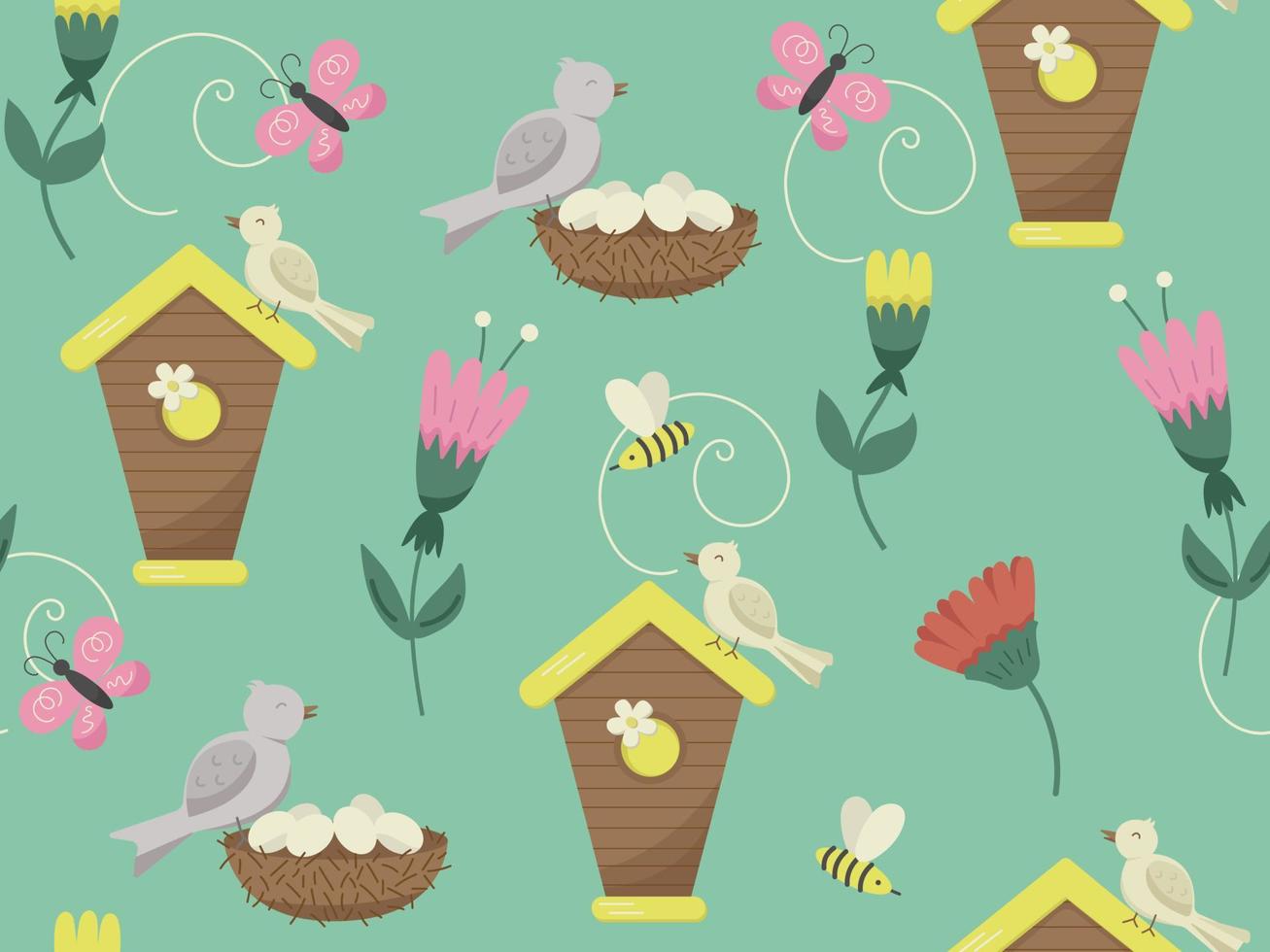 fofa pássaro casas e flores fundo. vetor desenho animado desatado padronizar com pássaro casas e ninhos. Páscoa conceito