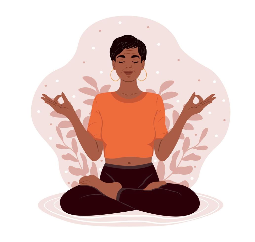 idosos mulher com fechadas olhos meditando dentro ioga lótus postura. internacional ioga dia. a conceito do zen e harmonia. vetor