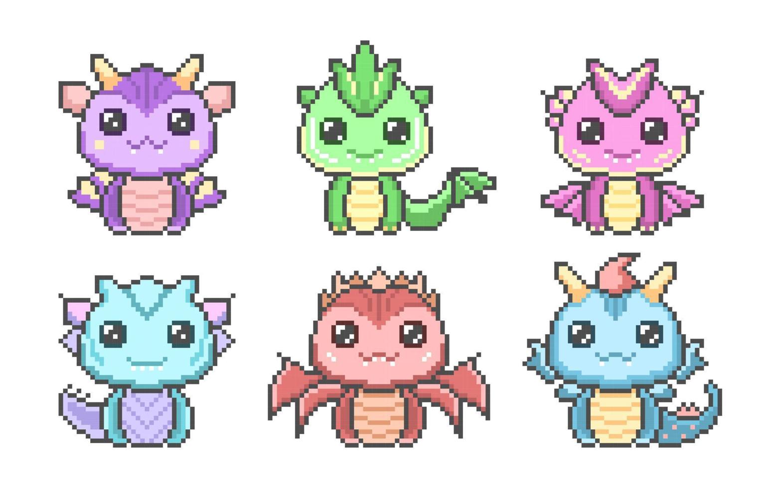 fofa pixel dragões definir. kawaii colorida engraçado dinossauros com fantasia 8 bits gráficos e fabuloso chifres com asas. lendário sorridente pequeno vetor monstros