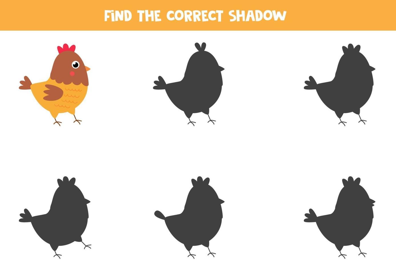 Encontre a sombra correta da galinha bonito dos desenhos animados. vetor