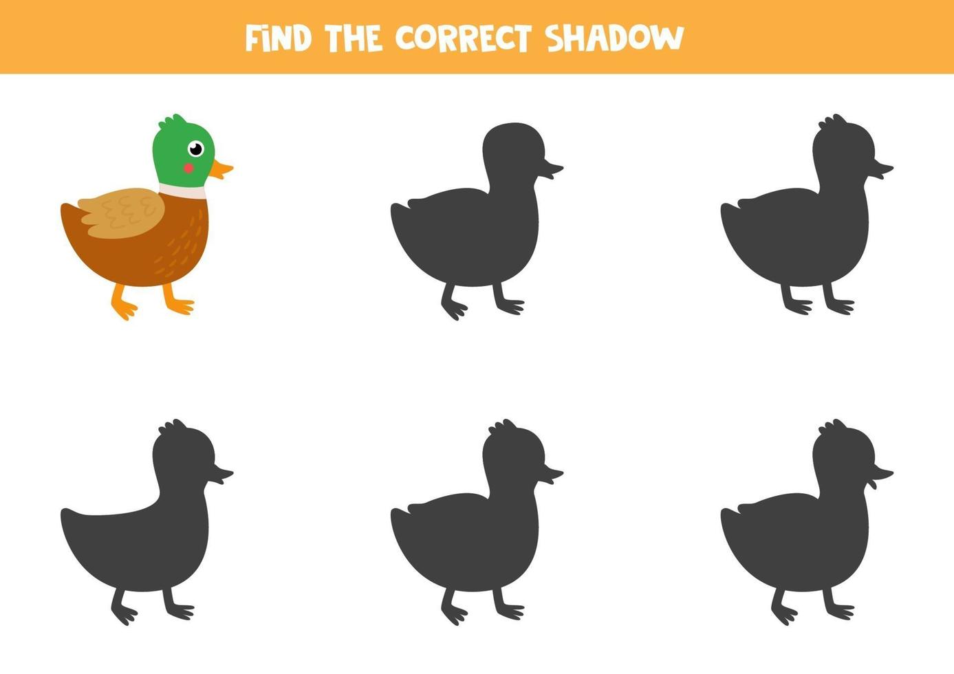 Encontre a sombra correta do pato bonito dos desenhos animados. vetor