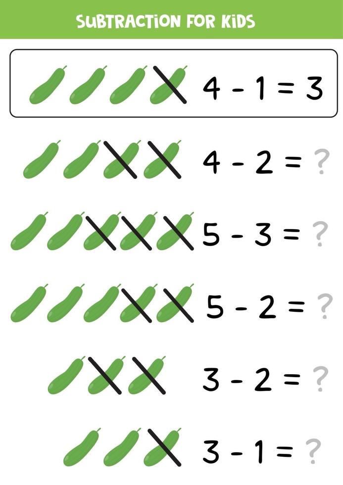 subtração para crianças. pepinos dos desenhos animados. jogo de matemática. vetor