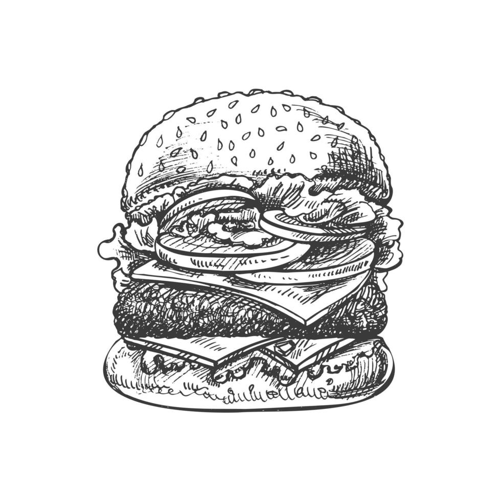 desenhado à mão esboço do ótimo delicioso sanduíche, hambúrguer, Hamburger isolado em branco fundo. velozes Comida vintage ilustração. elemento para a Projeto do rótulos, embalagem e cartões postais vetor