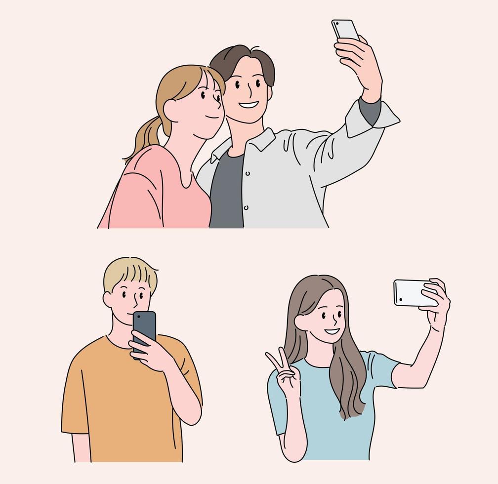 pessoas tirando fotos com seus telefones celulares. mão desenhada estilo ilustrações vetoriais. vetor