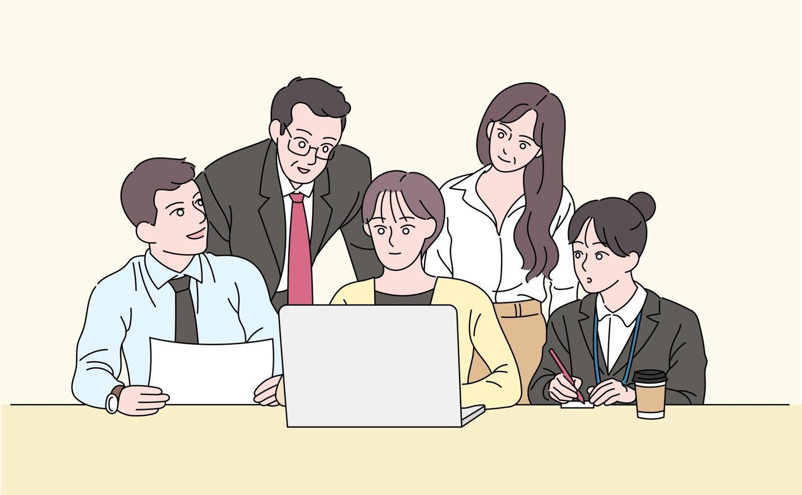 os empresários se reúnem ao redor do laptop para compartilhar suas opiniões. mão desenhada estilo ilustrações vetoriais. vetor