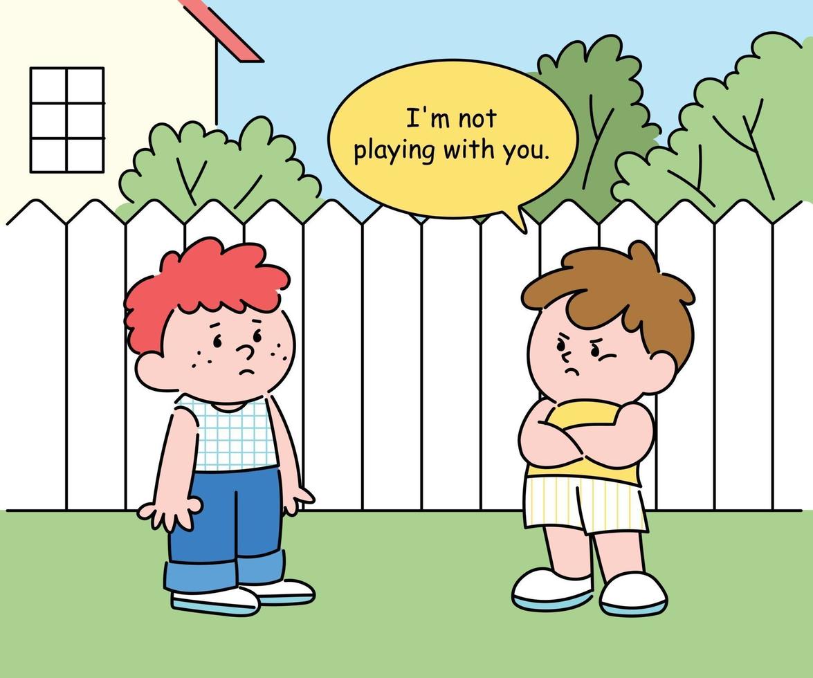 dois meninos estão parados no quintal conversando. eles não parecem amigáveis. mão desenhada estilo ilustrações vetoriais. vetor