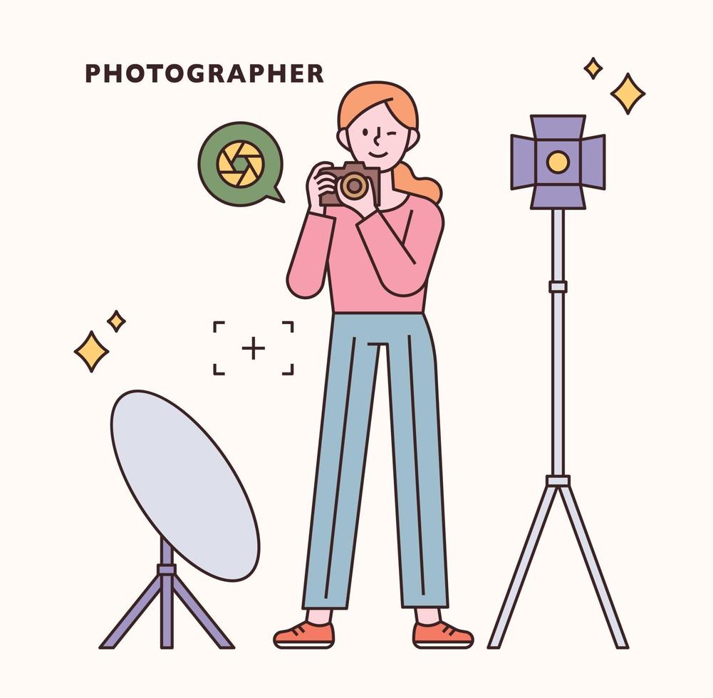 personagem de fotógrafo e conjunto de ícones. ilustração em vetor mínimo estilo design plano.