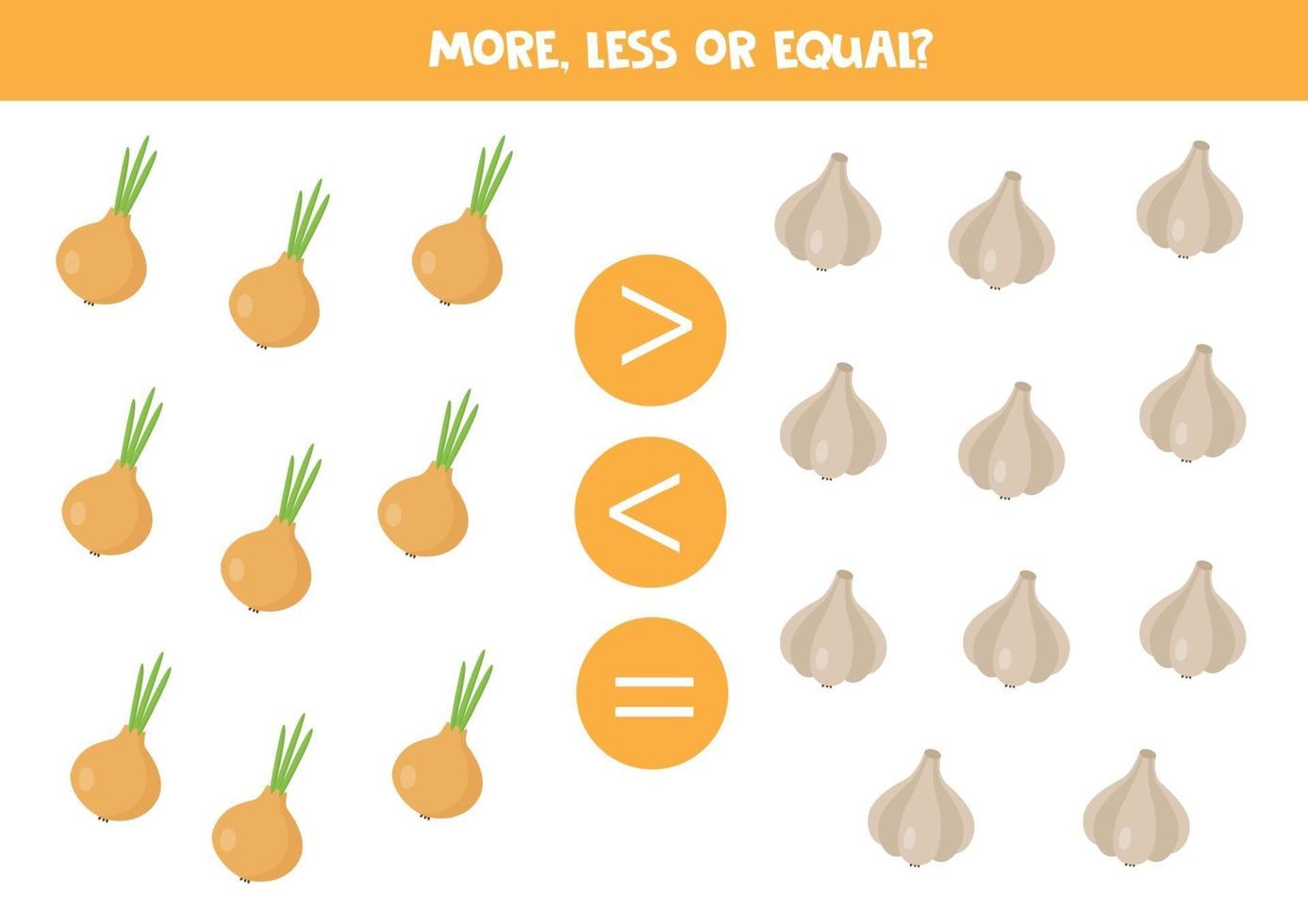 comparação de números para crianças. jogo de matemática com cebola e alho. vetor