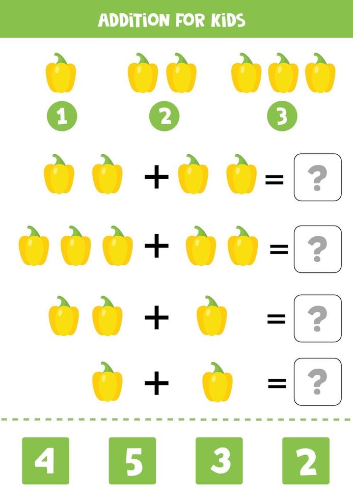 adição com pimenta búlgara de desenho animado. jogo de matemática para crianças. vetor