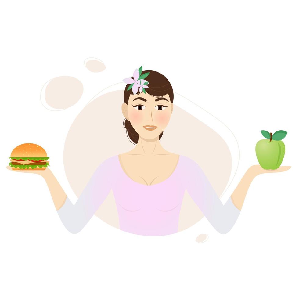 linda garota com um hambúrguer e uma maçã, antes de escolher. ilustração vetorial para sites temáticos, blogs, pôsteres, livros vetor