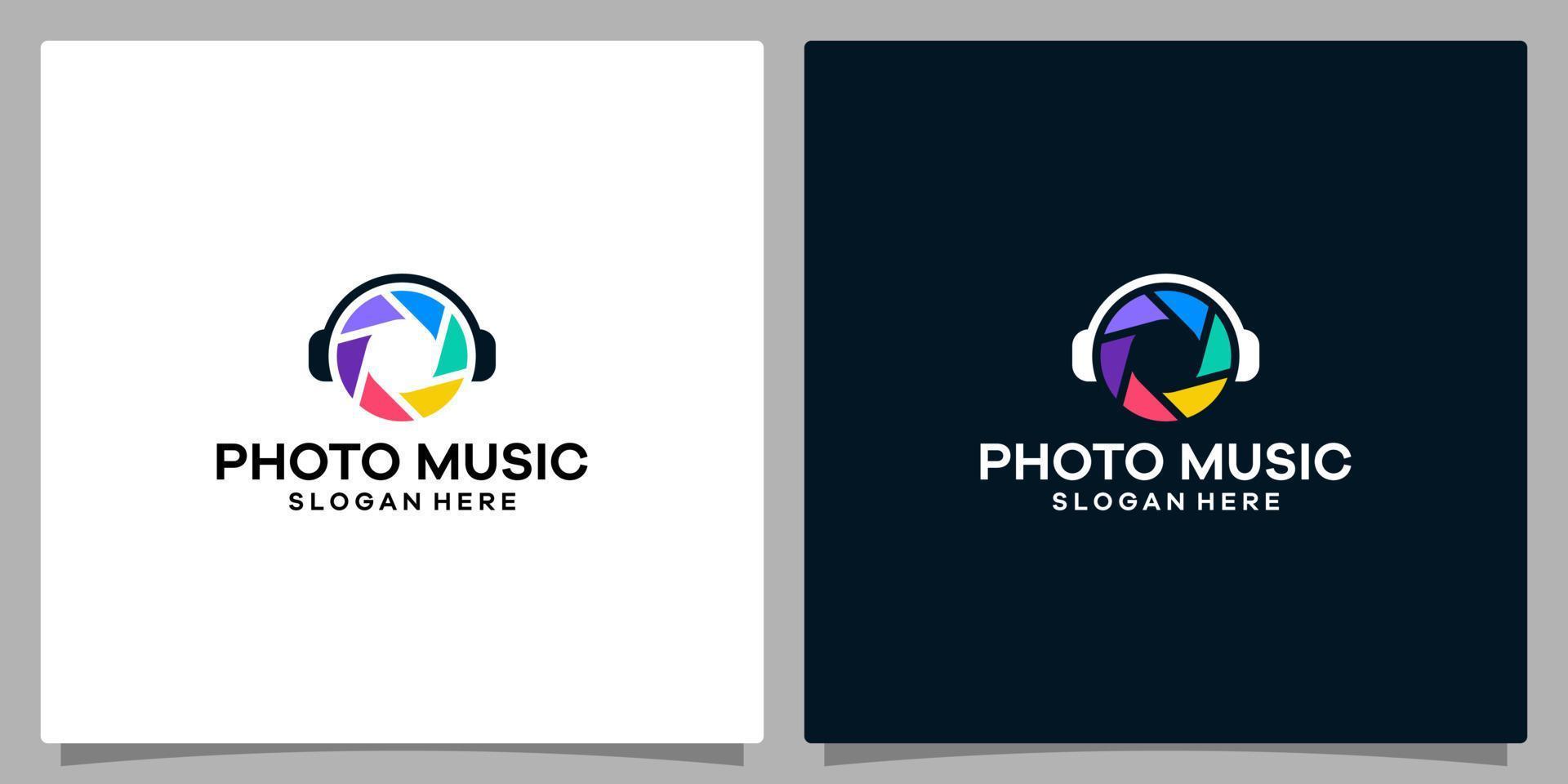 logotipo Projeto modelo música. logotipo fone de ouvido com fotografia Câmera obturador logotipo. Prêmio vetor