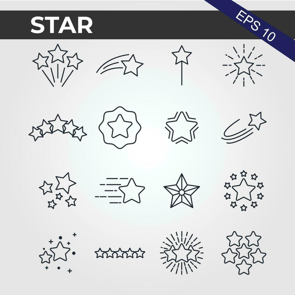 16 estrelas plano linha ícones definir. estrelado noite, queda estrela, fogos de artifício, cintilação, brilho, brilhar rebentar vetor ilustrações. esboço sinais para lustroso material propriedade. pixel perfeito