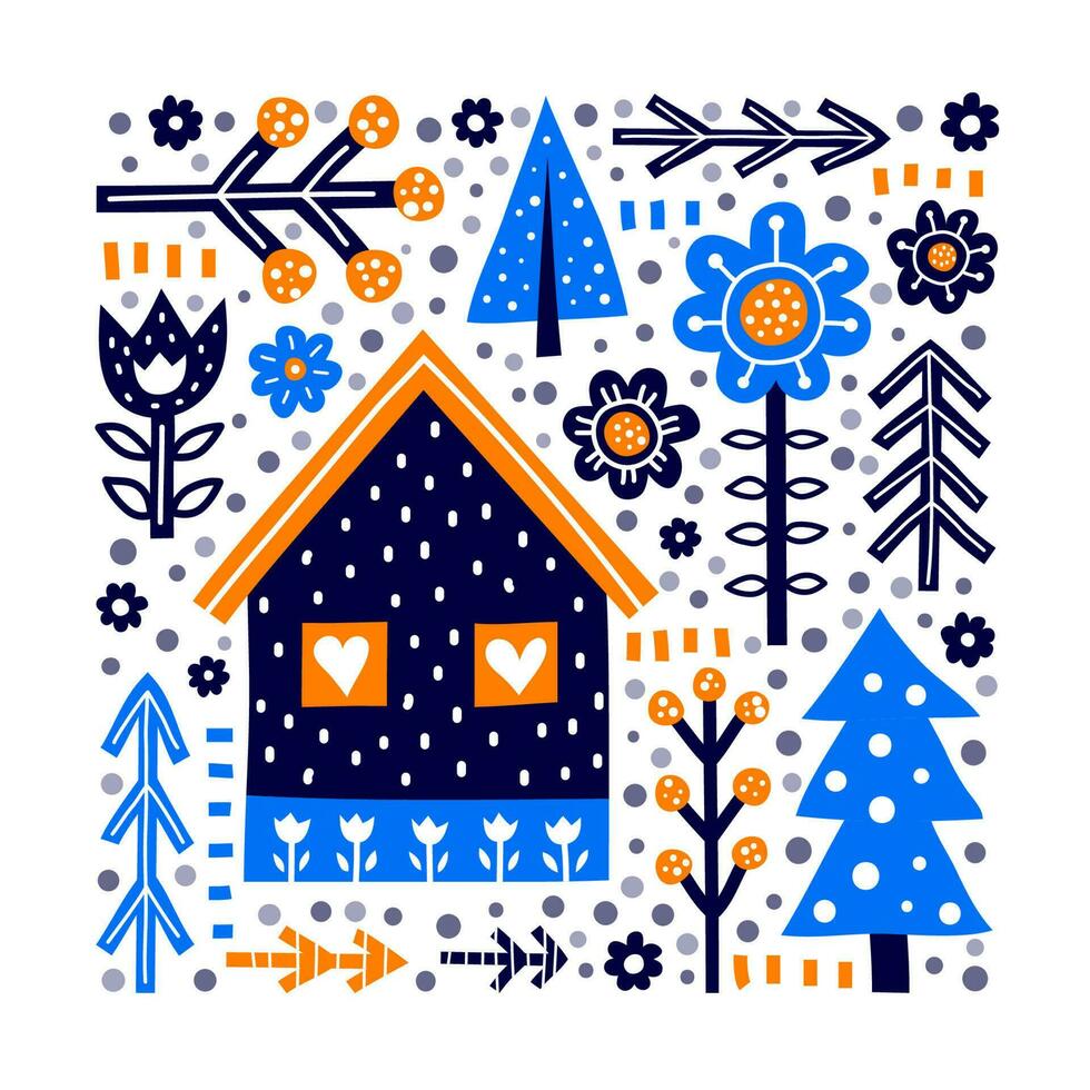 rabisco escandinavo poster com casa e floresta elementos. vetor