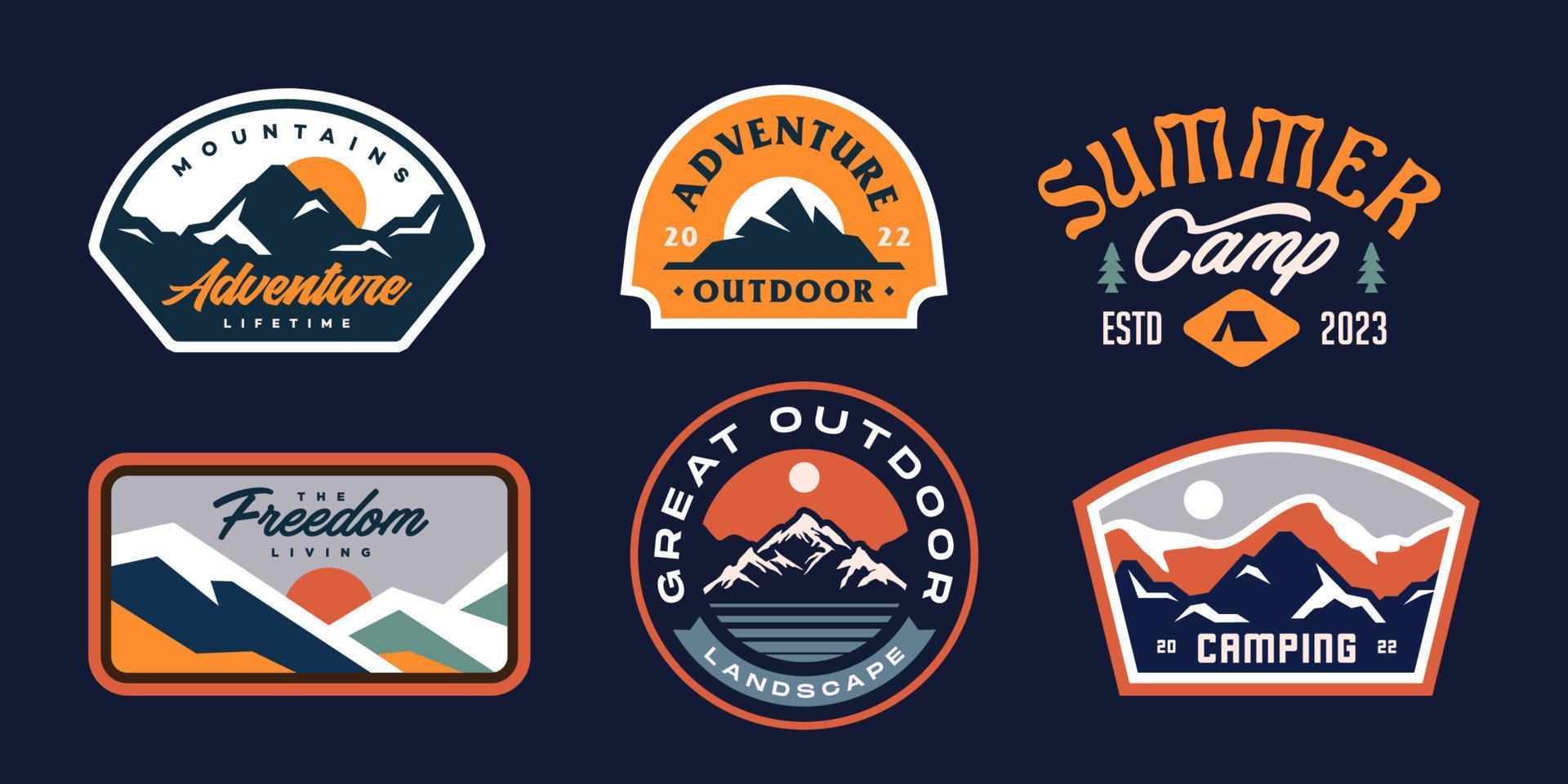 montanha aventura hipster Distintivos. conjunto do vintage ao ar livre montanhas verão acampamento logotipo patches. vetor emblema projetos. ótimo para camisas, selos, adesivos logotipos e rótulos.