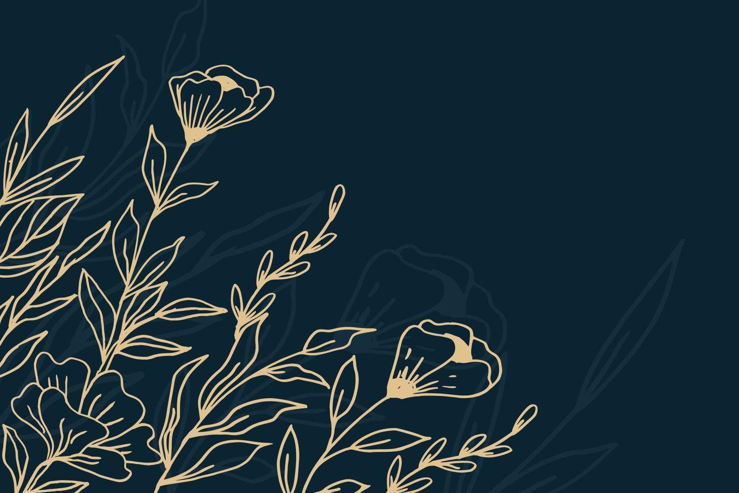 elegante dourado floral fundo com mão desenhado flores e folhas ilustração decoração em Sombrio azul vetor