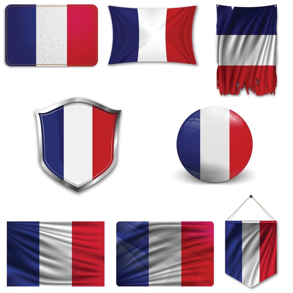 conjunto da bandeira nacional da França em diferentes designs em um fundo branco. ilustração vetorial realista. vetor