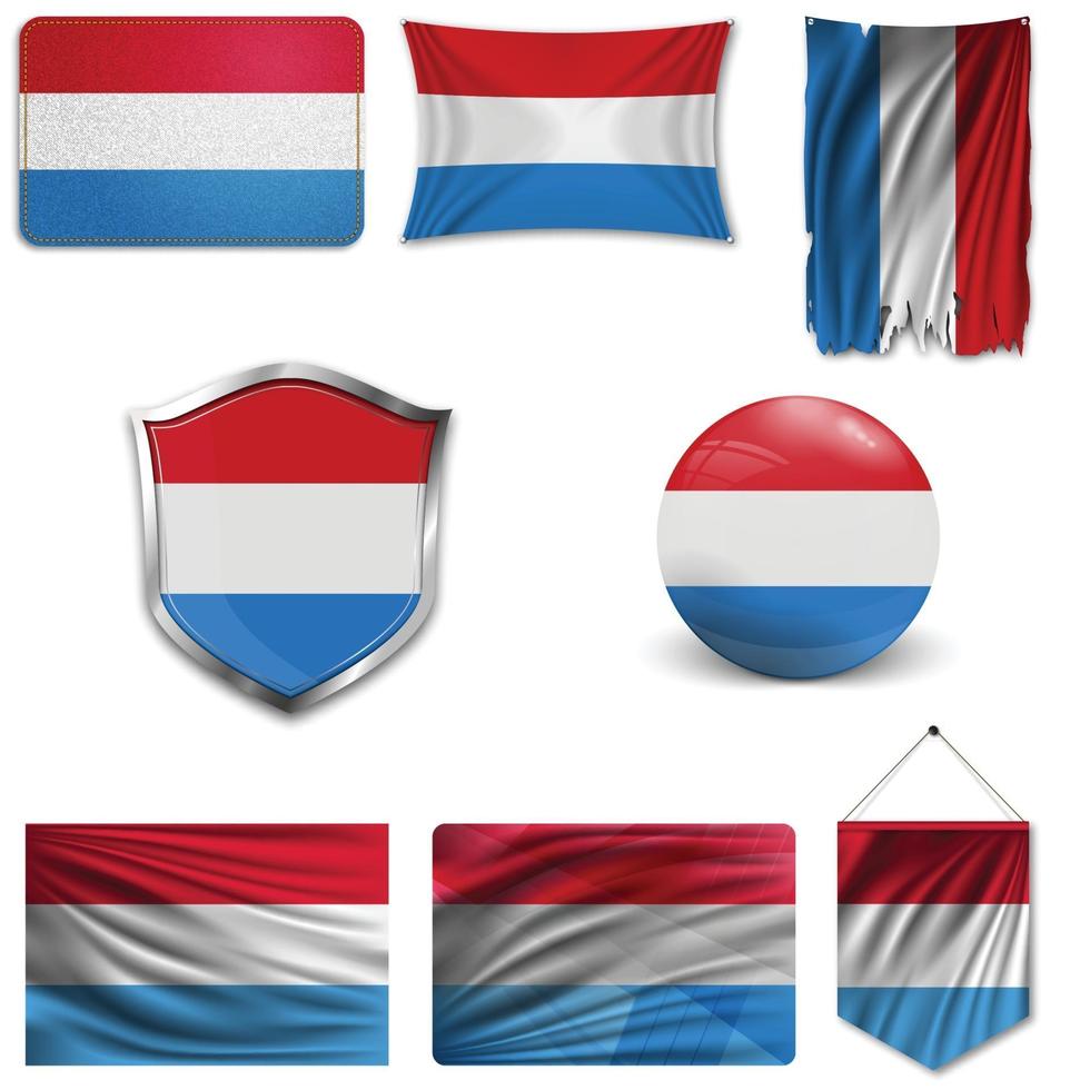 conjunto da bandeira nacional do luxemburgo em desenhos diferentes em um fundo branco. ilustração vetorial realista. vetor