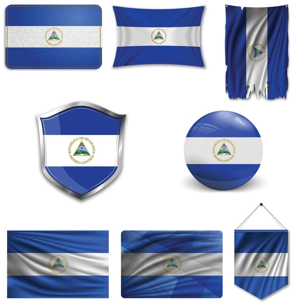 conjunto da bandeira nacional da Nicarágua em desenhos diferentes em um fundo branco. ilustração vetorial realista. vetor