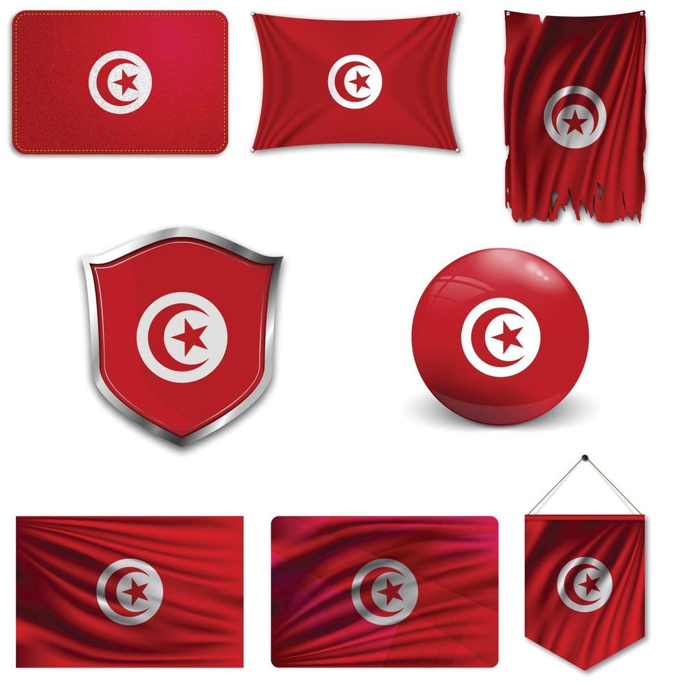 conjunto da bandeira nacional da Tunísia em desenhos diferentes em um fundo branco. ilustração vetorial realista. vetor
