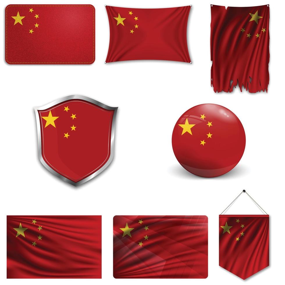 conjunto da bandeira nacional da china em diferentes designs em um fundo branco. ilustração vetorial realista. vetor