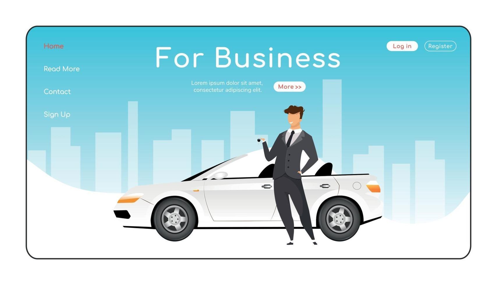 para modelo de vetor de cor plana de página de destino de negócios. layout da página inicial da locadora de veículos. interface de site de uma página de transporte corporativo com personagem de desenho animado. banner da web de locação de automóveis, página da web