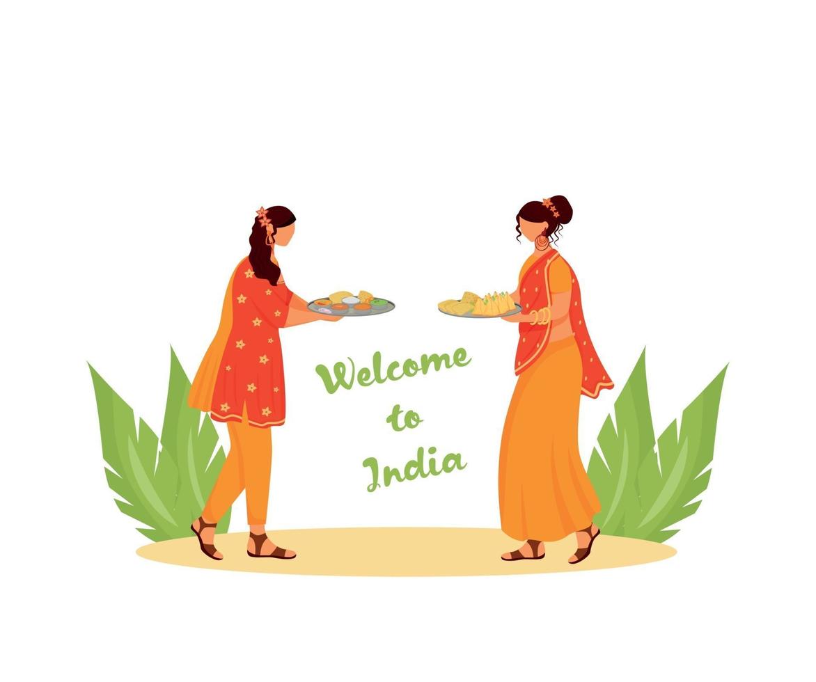 mulheres indianas usando personagens sem rosto de vetor de cor lisa sari. Bem-vindo à Índia, mulheres com refeições tradicionais isoladas ilustração de desenhos animados para design gráfico e animação web