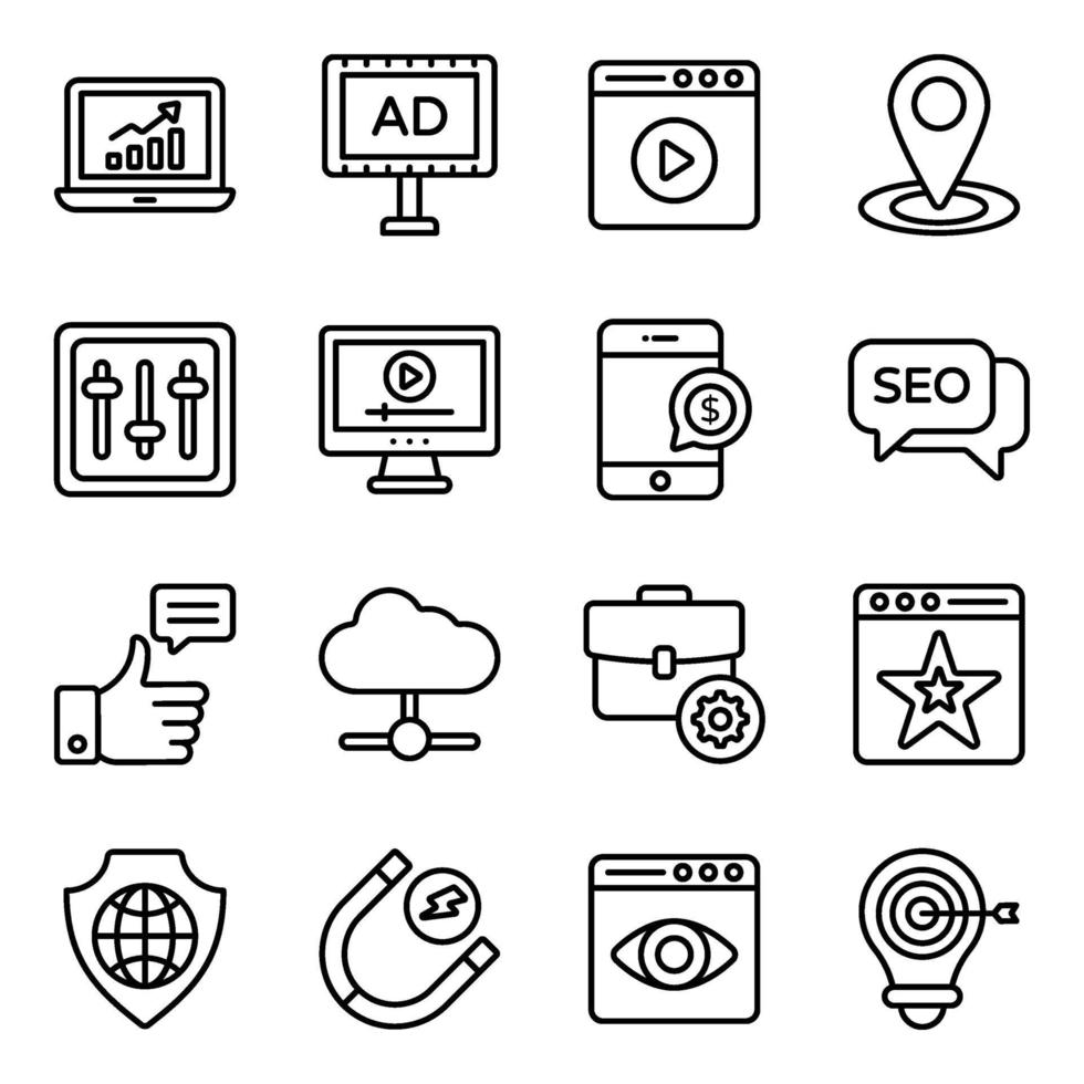 conjunto de ícones de marketing digital e análise de dados vetor