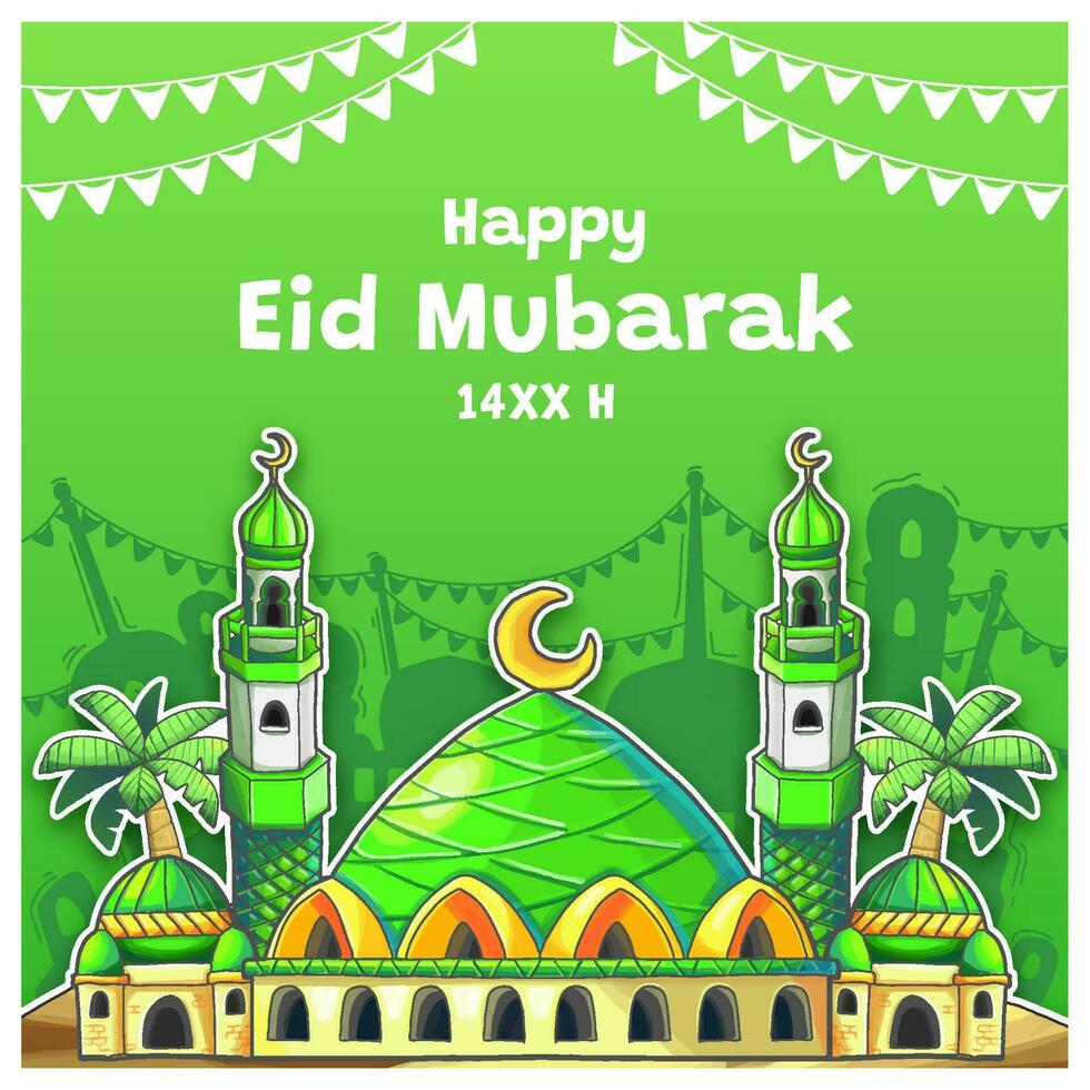 mão desenhado mesquita Como uma cumprimento para eid Mubarak ilustração vetor