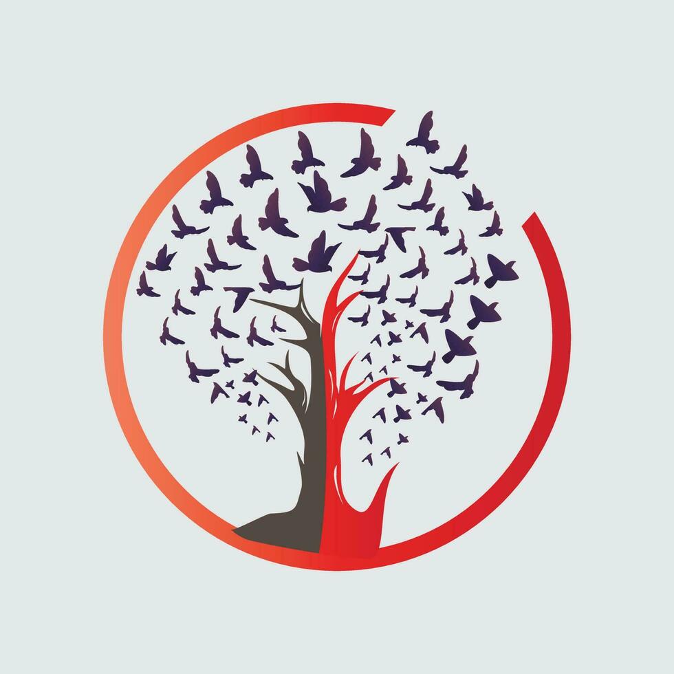 árvore logotipo com pássaros vôo em isto vetor