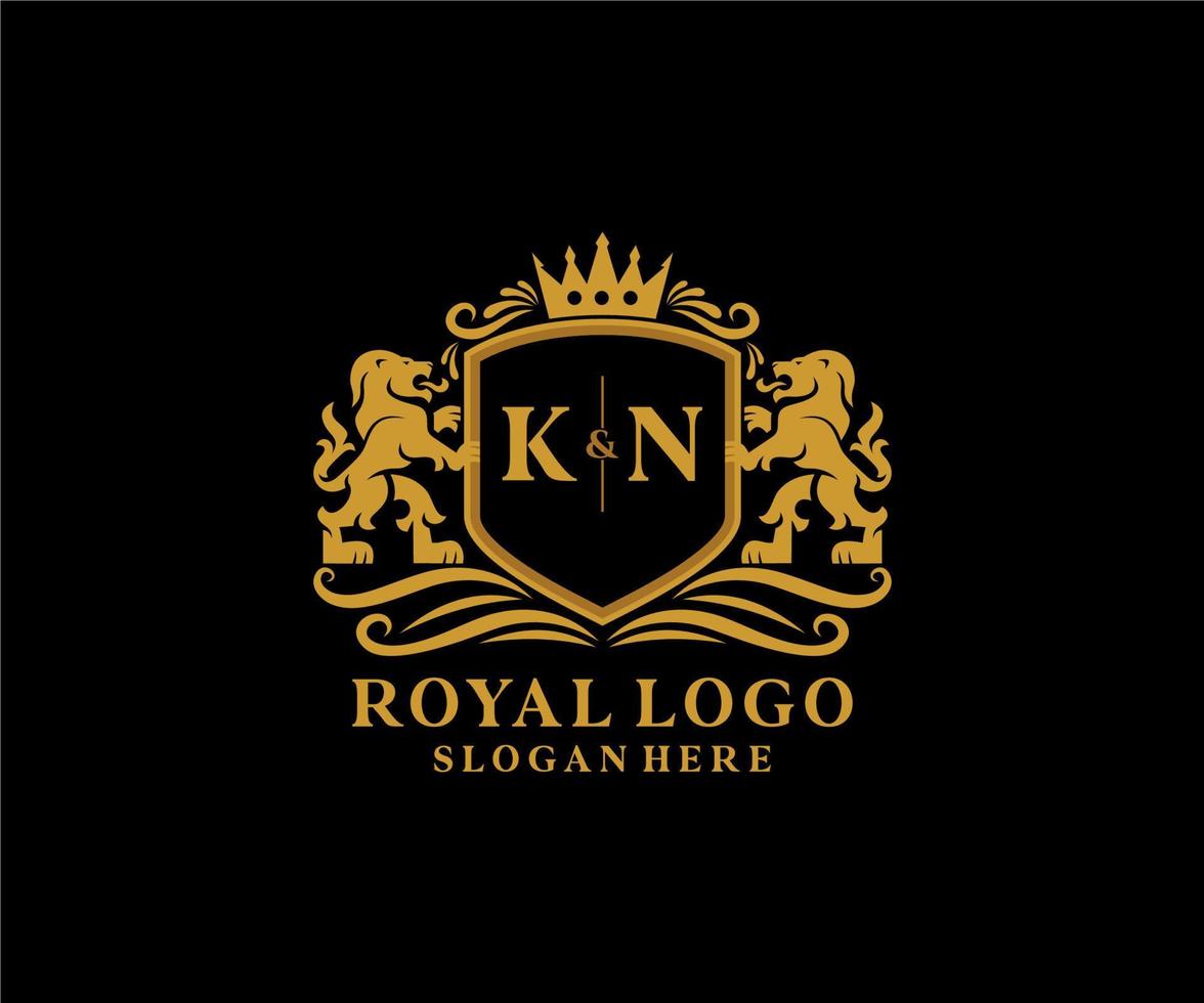 modelo de logotipo de luxo real de leão de letra inicial kn em arte vetorial para restaurante, realeza, boutique, café, hotel, heráldica, joias, moda e outras ilustrações vetoriais. vetor