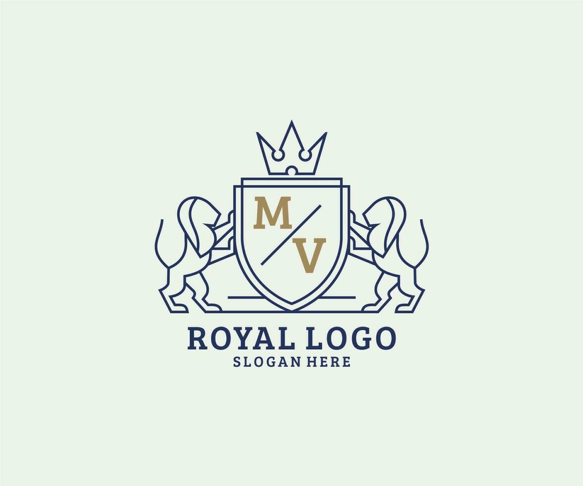 modelo de logotipo de luxo real de leão de letra mv inicial em arte vetorial para restaurante, realeza, boutique, café, hotel, heráldica, joias, moda e outras ilustrações vetoriais. vetor