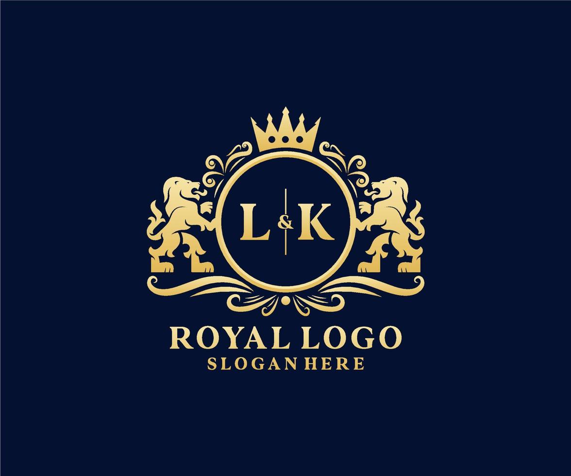 modelo de logotipo de luxo real de leão de letra lk inicial em arte vetorial para restaurante, realeza, boutique, café, hotel, heráldica, joias, moda e outras ilustrações vetoriais. vetor