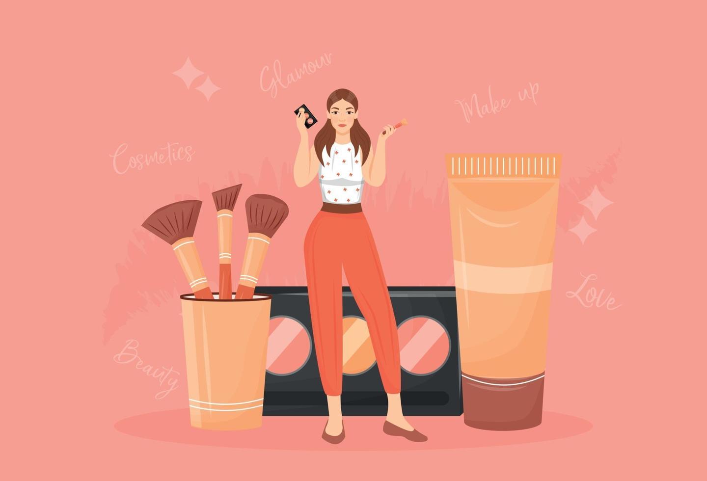 compõem a ilustração em vetor conceito plana artista. mulher com paleta de sombras e pincéis personagem de desenho animado 2d para web design. tutorial de maquiagem, ideia criativa de loja de produtos cosméticos