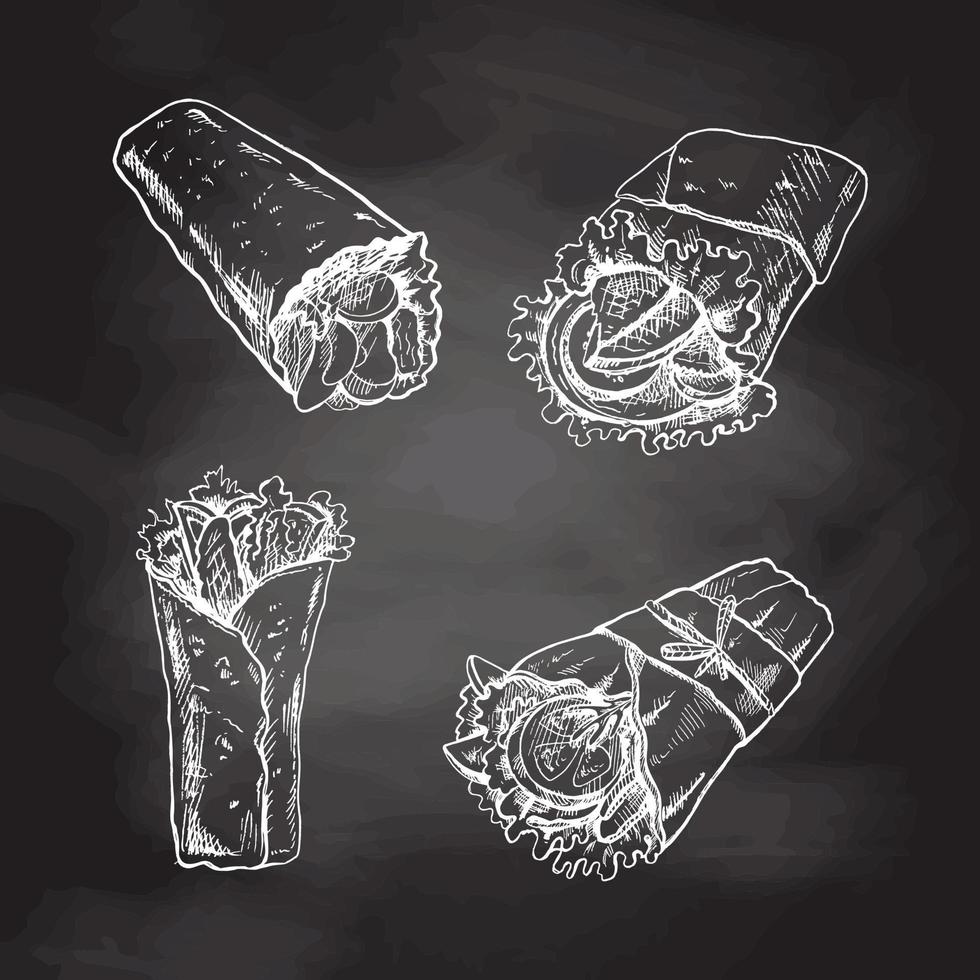 burritos definir. mão desenhado esboço vetor ilustrações do tradicional mexicano velozes Comida isolado em quadro-negro fundo. vintage ilustração.
