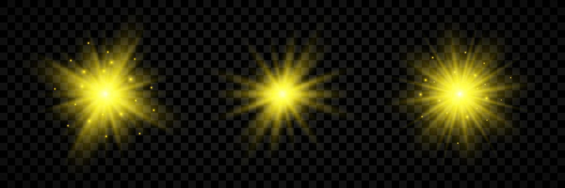 luz efeito do lente chamas. conjunto do três amarelo brilhando luzes starburst efeitos com brilhos vetor