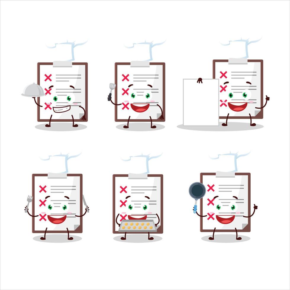 desenho animado personagem do prancheta com Cruz Verifica com vários chefe de cozinha emoticons vetor