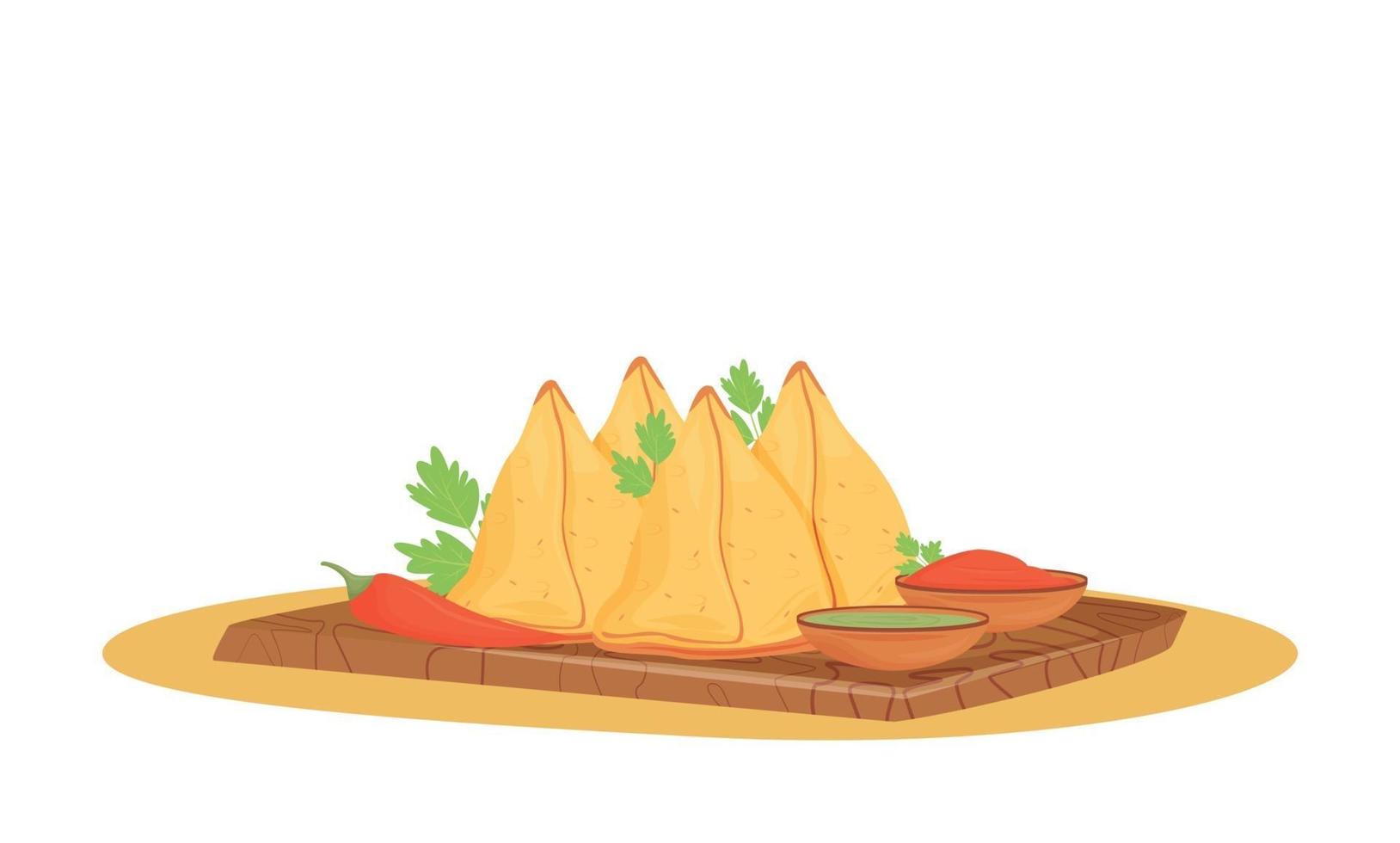 ilustração em vetor samosas dos desenhos animados. servido prato indiano, pastelaria frita e assada com recheios saborosos objeto de cor lisa. comida de restaurante, padaria tradicional isolada no fundo branco