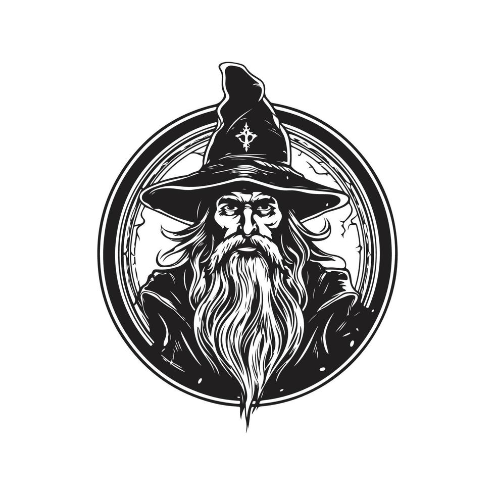 Mago bruxo, vintage logotipo conceito Preto e branco cor, mão desenhado ilustração vetor