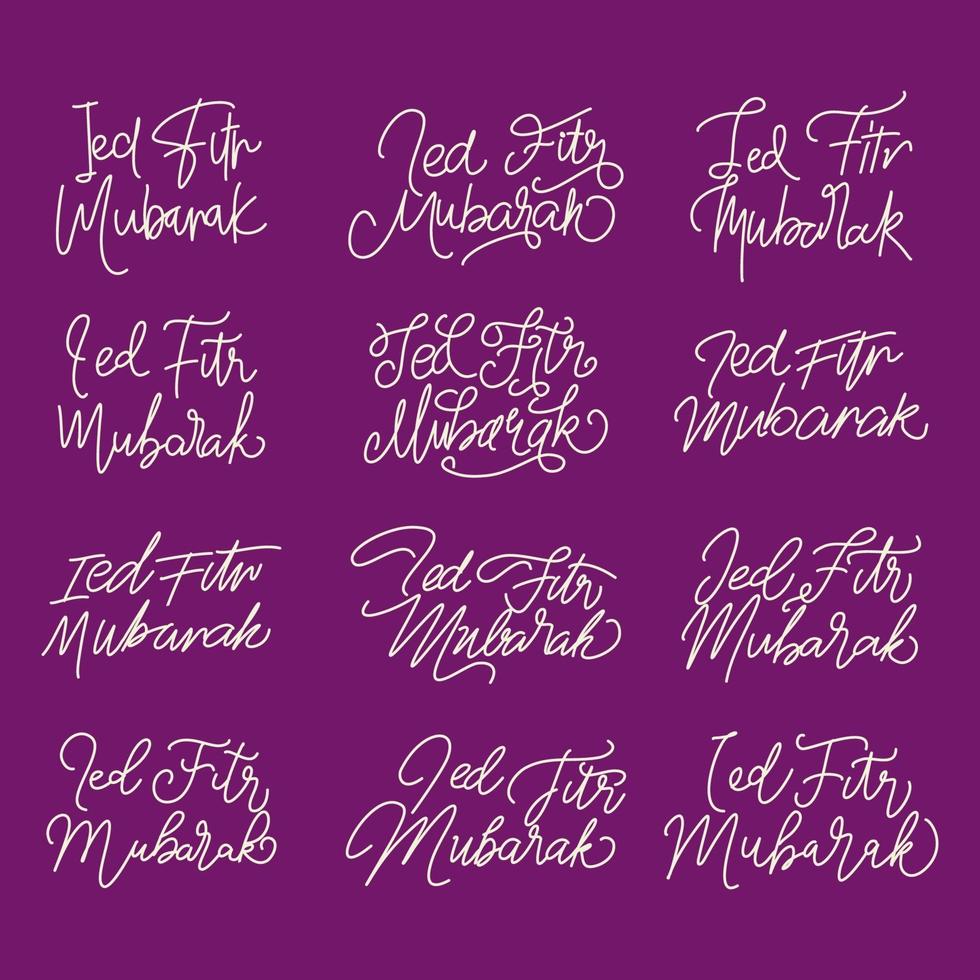 Saudação de tipografia de carta de mão eid fitr mubarak. pacote de fontes com 12 letras à mão, com linhas onduladas vetor