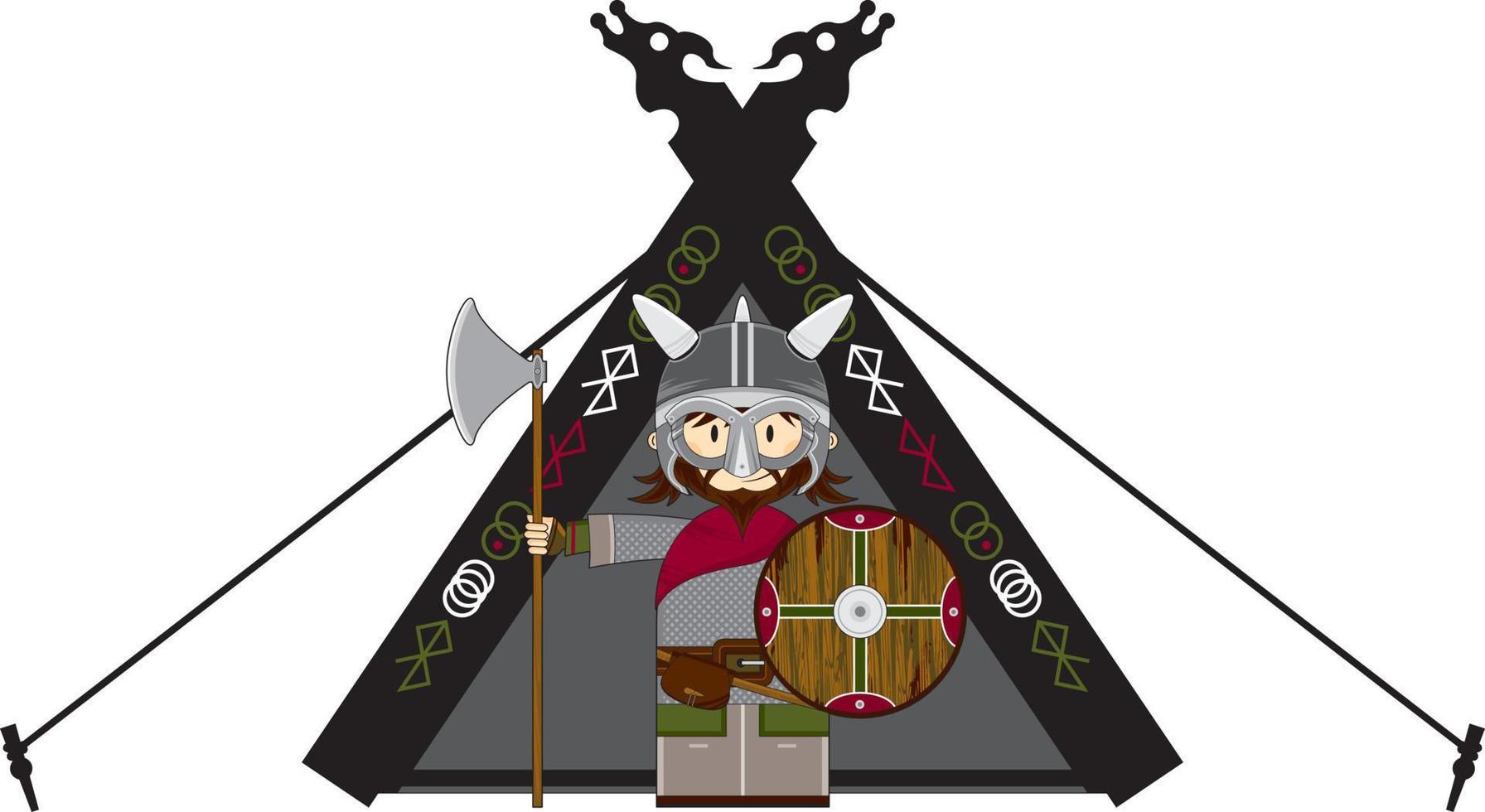 fofa desenho animado viking Guerreiro e barraca norueguês história ilustração vetor