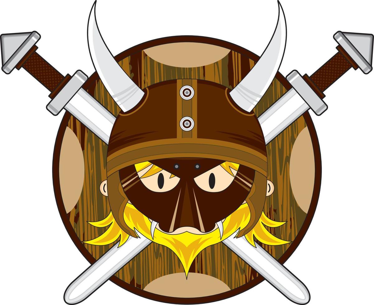 fofa desenho animado viking Guerreiro com escudo e espadas norueguês história ilustração vetor