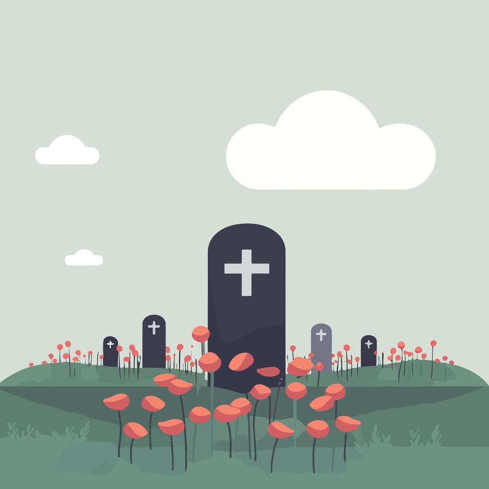 túmulo dentro cemitério com vermelho flores vetor