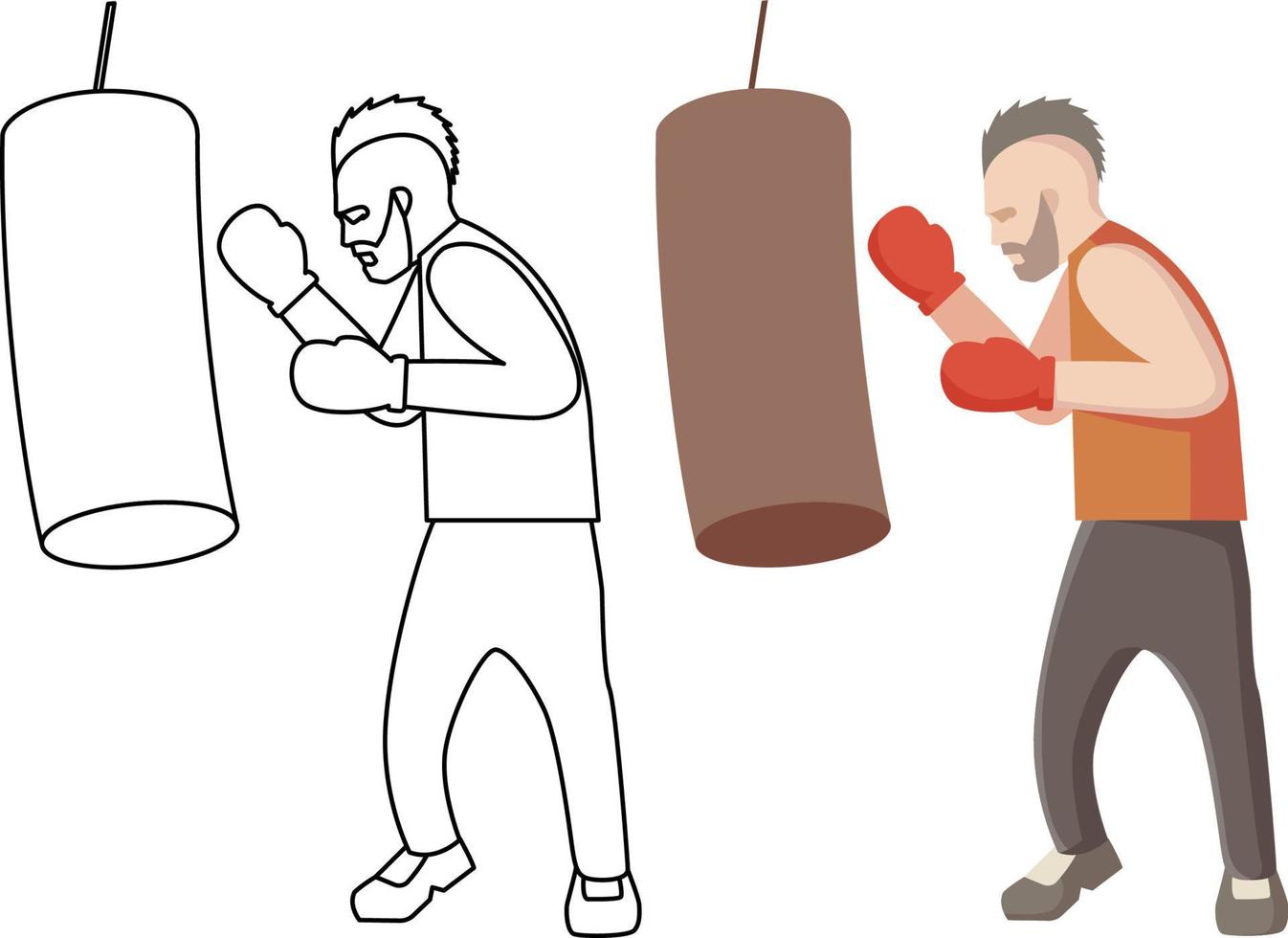 boxer com soco bolsa. Esportes treinamento. linha arte e colorida ilustração. boxer com vermelho luvas soco para a bolsa. vetor