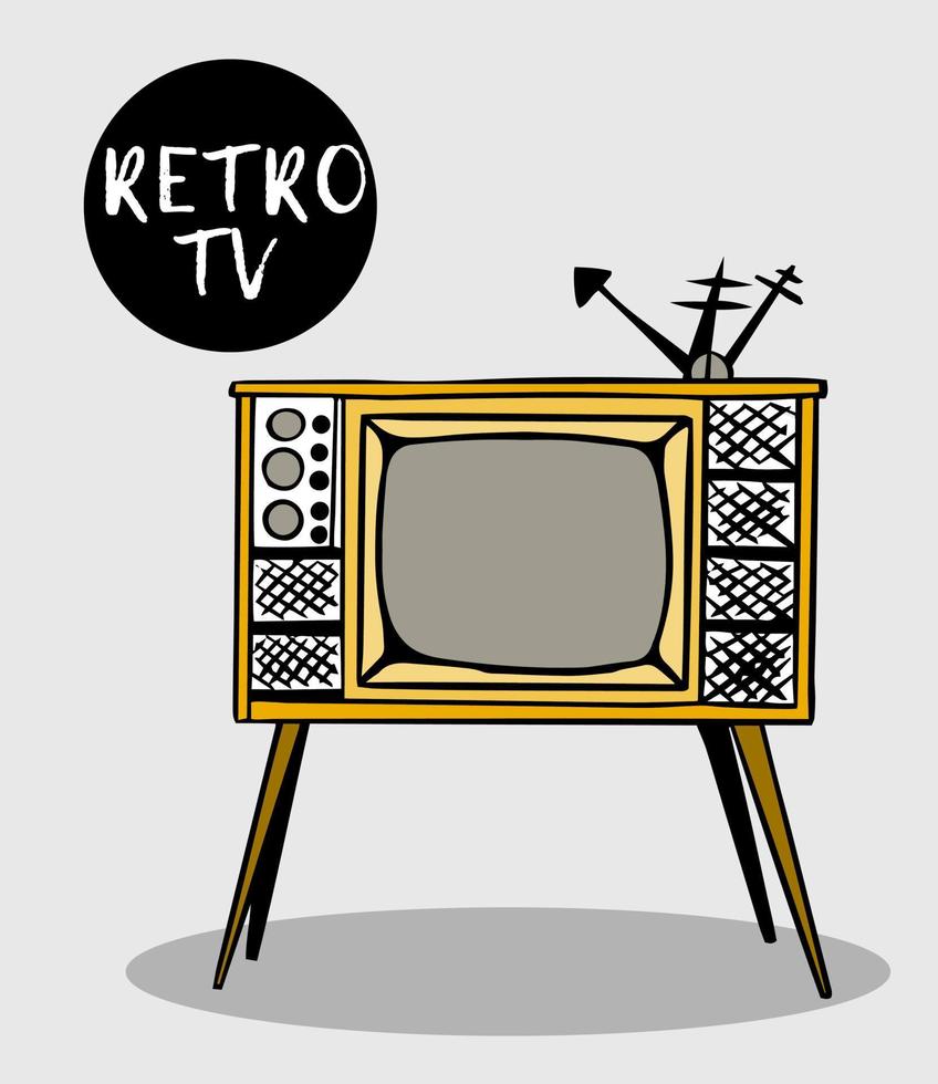 vintage velho televisão com abaulamento cinescópio e antena em topo dentro vintage estilo. retro velho televisão receptor em uma de madeira caso. vetor