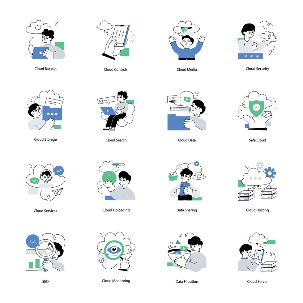 uma conjunto do escalável nuvem hospedagem plano ilustrações vetor