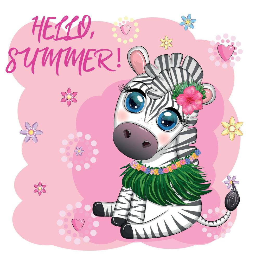 zebra fofa em traje de dançarina de hula, Havaí, personagem infantil. férias de verão, férias vetor